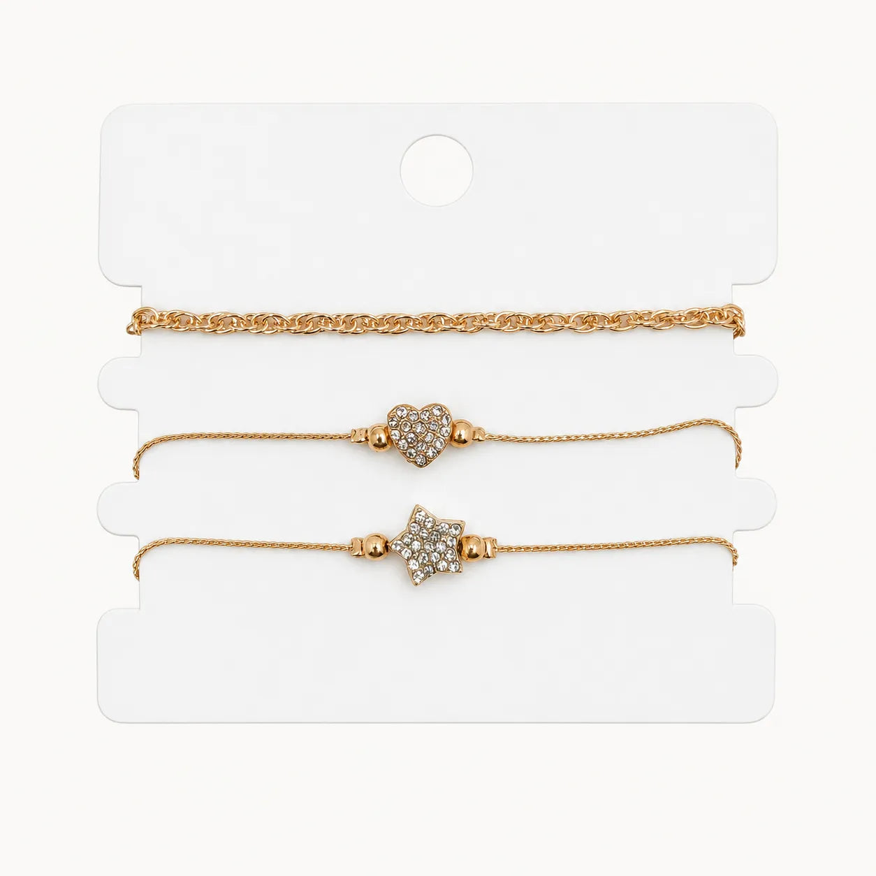 3-Piece Layered Bracelet Set (Curb Chain, Flower & Heart Crystal)