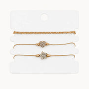 3-Piece Layered Bracelet Set (Curb Chain, Flower & Heart Crystal)
