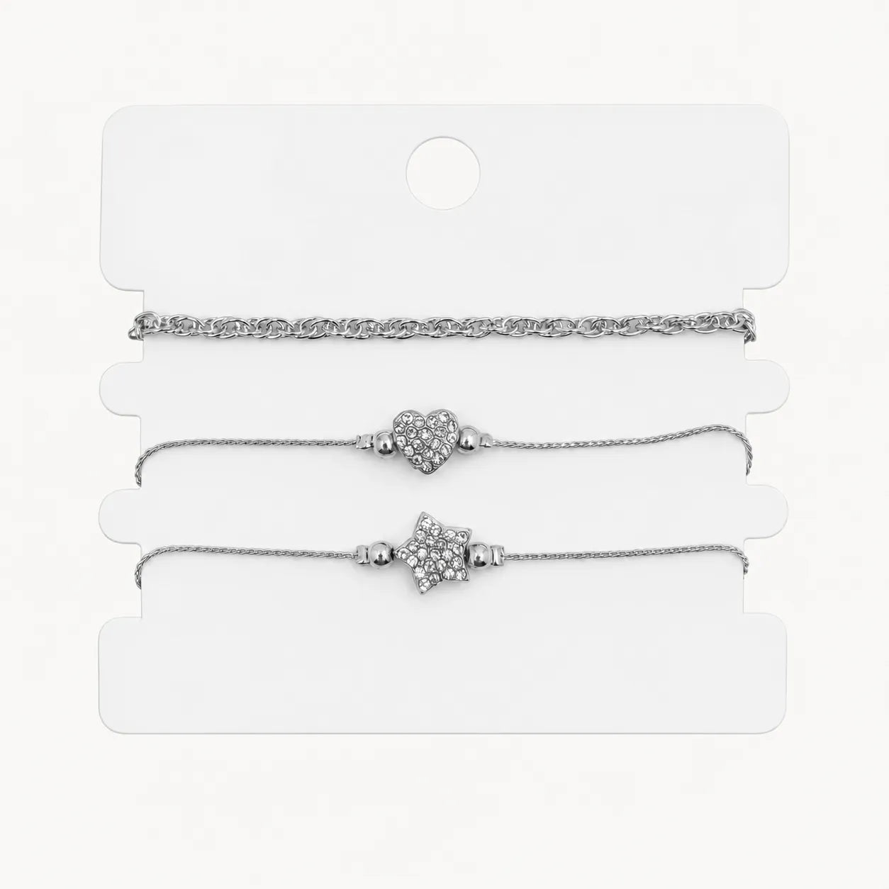 3-Piece Layered Bracelet Set (Curb Chain, Flower & Heart Crystal)