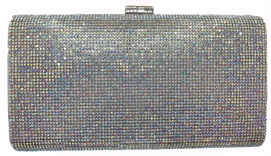 A multicolored beaded handbag with a shiny, glossy finish and a black handle.