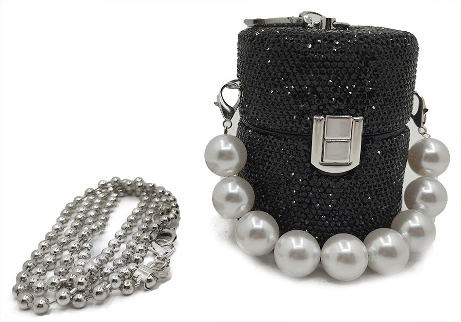 Handbag: Mini Black Rhinestone Handbag w/ Pearl Handle Comes with Optional Long Strap