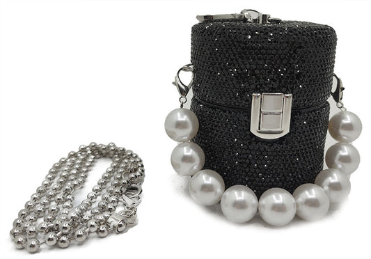 Handbag: Mini Black Rhinestone Handbag w/ Pearl Handle Comes with Optional Long Strap