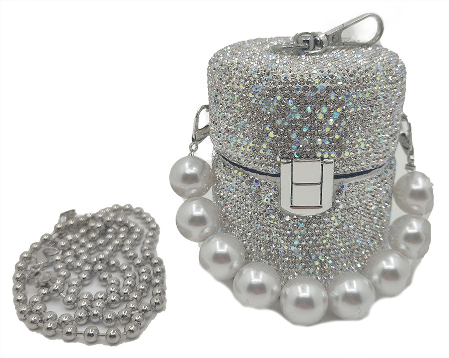 Handbag: Mini Silver AB Rhinestone Handbag w/ Pearl Handle Comes with Optional Long Strap