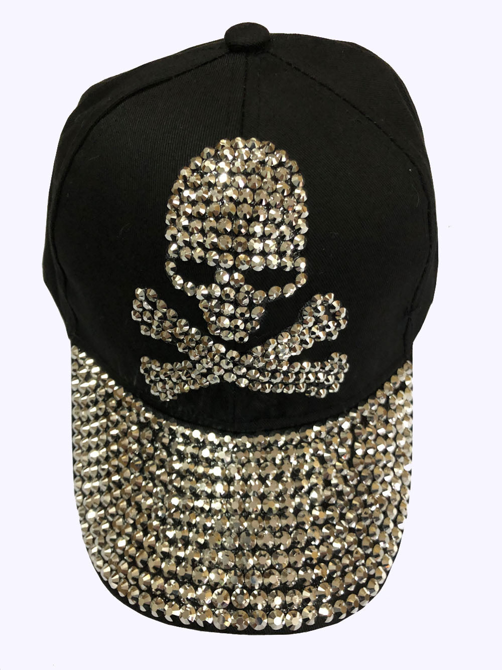 Denim Rhinestone Baseball Cap: CA007 "SKULL" Black Denim & Silver Stone