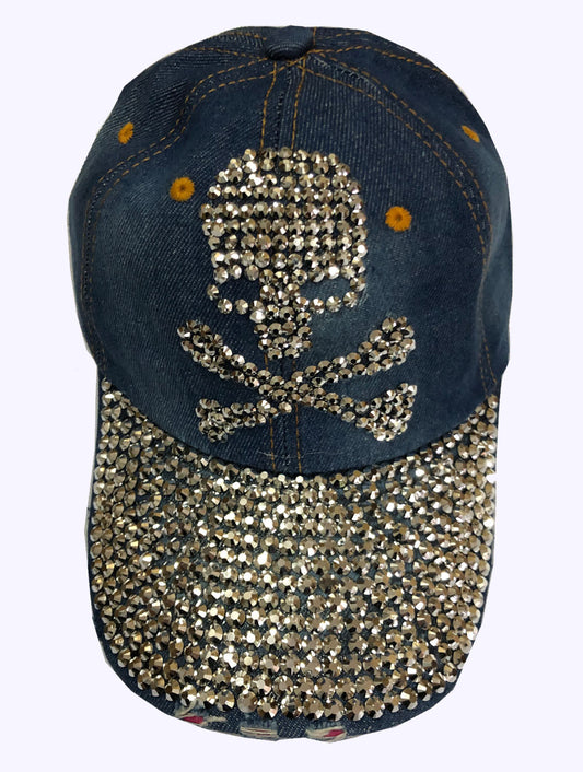 Denim Rhinestone Baseball Cap: CA007 "SKULL" Denim & Silver Stone