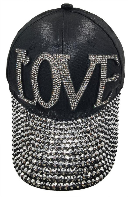 Baseball Cap: CA009 Silver Rhinestones "Love" on Black Cap