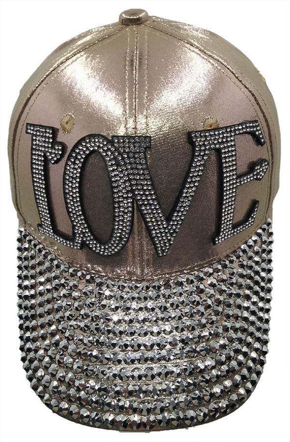 Baseball Cap: CA009 Silver Rhinestones "Love" on Gold Cap