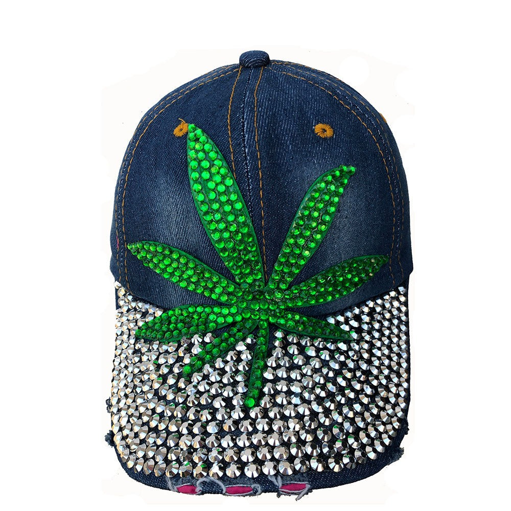 Denim Baseball Cap: C1421-1 "Cannabis Leaf" Green and Silver Rhinestones Baseball Cap