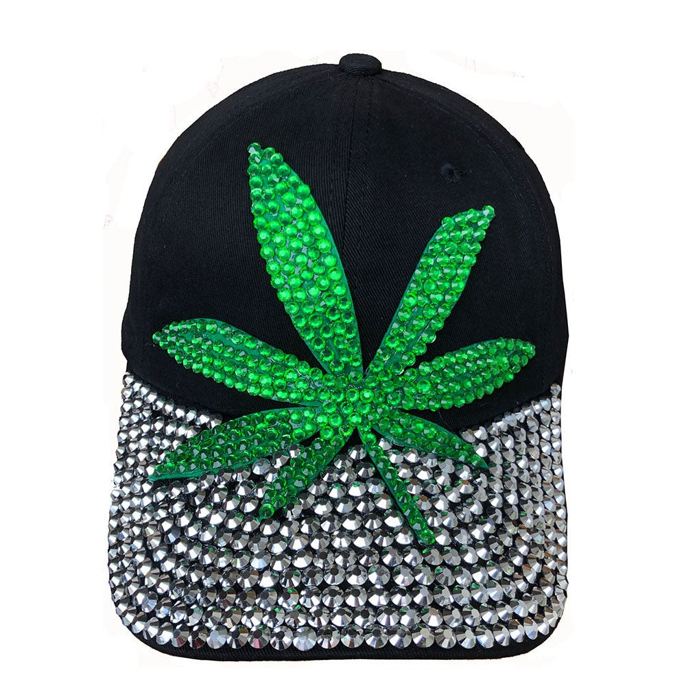 Denim Baseball Cap: C1421-1 "Cannabis Leaf" Green and Silver Rhinestones Baseball Cap in Black Denim