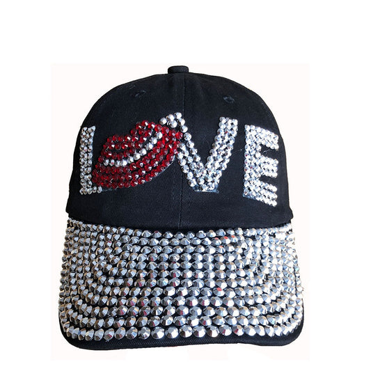 Denim Baseball Cap: CA14229 "LOVE" Rhinestone Studded Hat in black denim