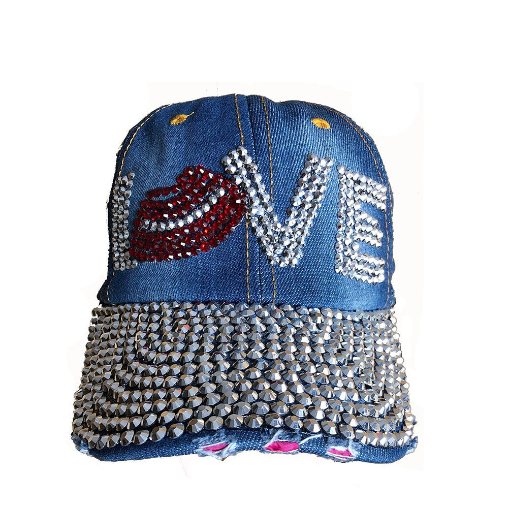 Denim Baseball Cap: CA14229 "LOVE" Rhinestone Studded Hat in denim