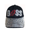 Denim Baseball Cap: CA14229-1 "BOSS" Rhinestone Studded Hat in black denim
