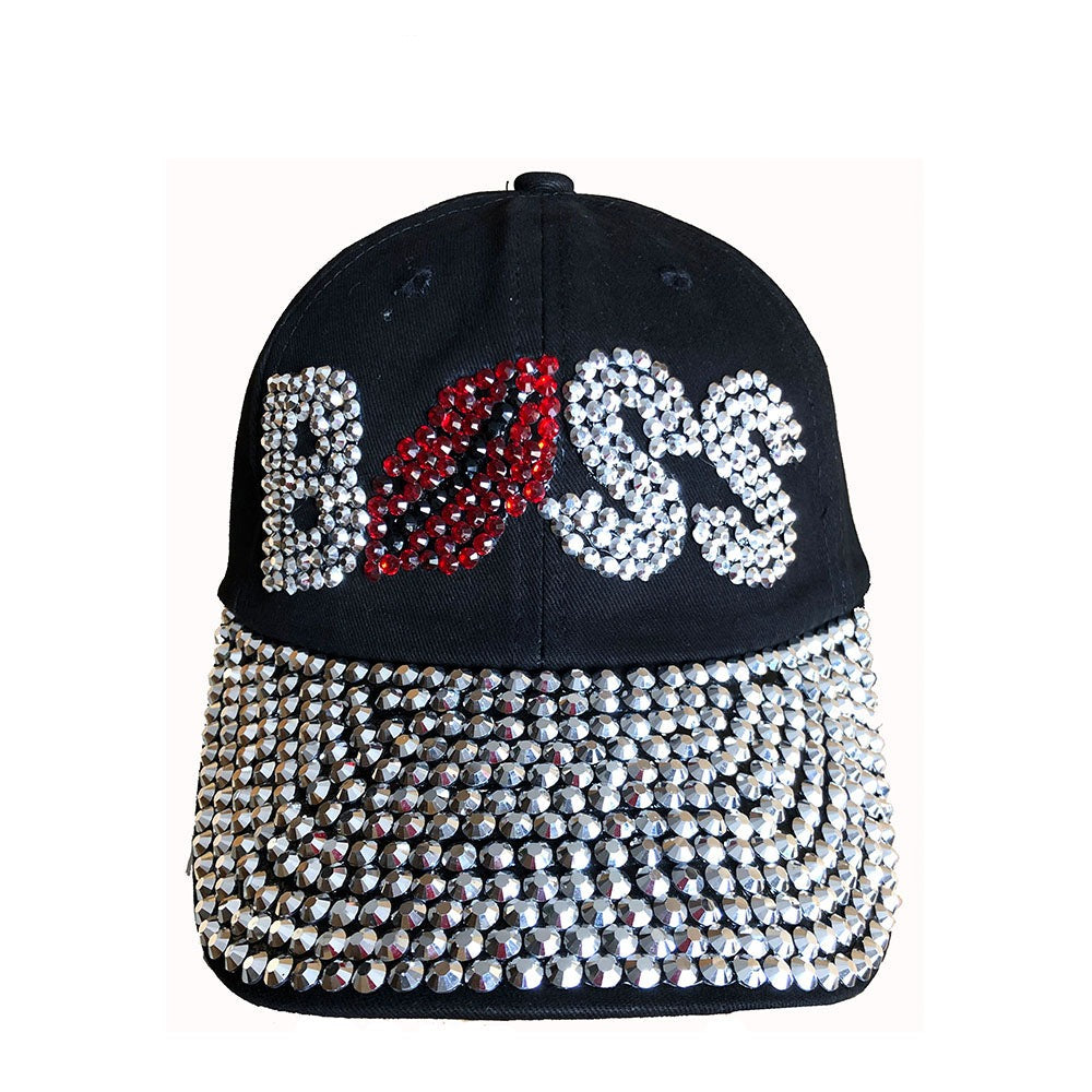 Denim Baseball Cap: CA14229-1 "BOSS" Rhinestone Studded Hat in black denim