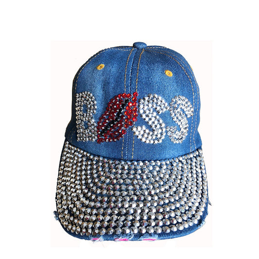 Denim Baseball Cap: CA14229-1 "BOSS" Rhinestone Studded Hat in denim