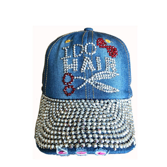 Denim Baseball Cap: CA029 "I DO HAIR" Rhinestone Studded Hat in denim