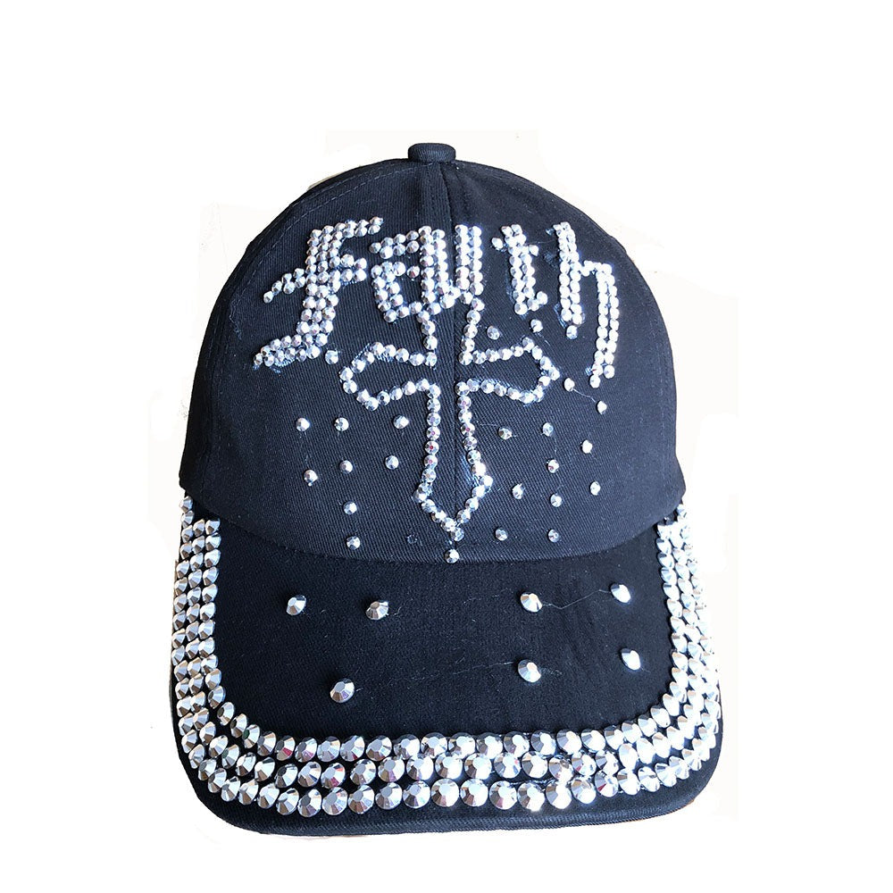 Denim Rhinestone Baseball Cap: CA15214 "Faith" Silver & Red Stones on Black Denim