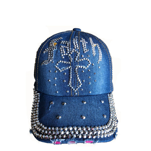 Denim Rhinestone Baseball Cap: CA15214 "Faith" Silver Stones on Denim