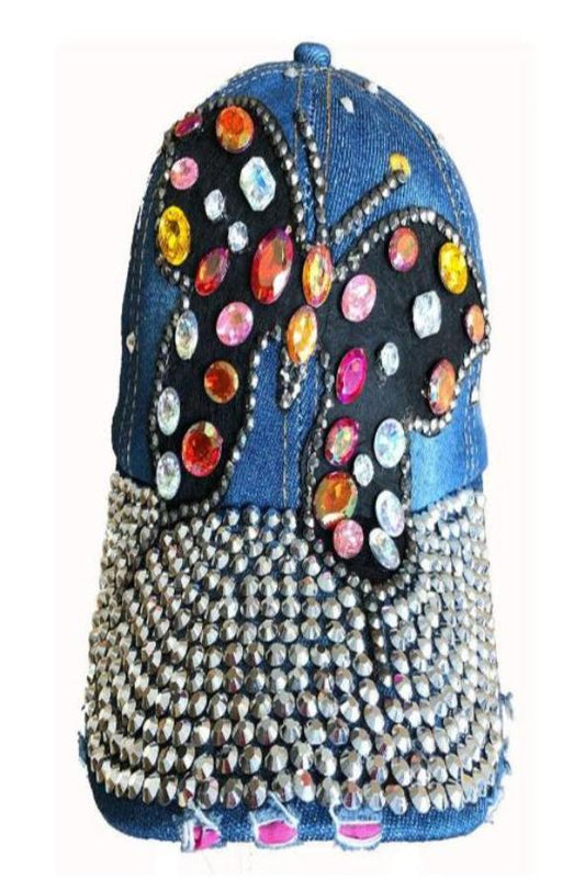 Denim Rhinestone Baseball Cap: CA1592 "Butterfly" Multi-color Stones on Denim