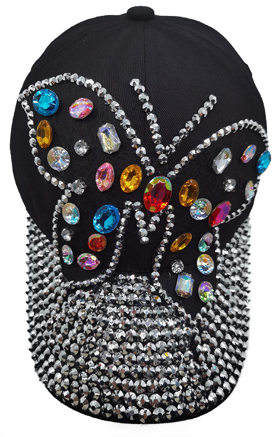 Denim Rhinestone Baseball Cap: CA1592 "Butterfly" Multi-color Stones on Black Denim