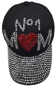 Denim Rhinestone Baseball Cap: CA034 "No.1 Mom" Silver & Red Stones on Black Denim