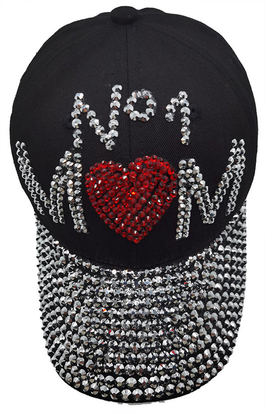 Denim Rhinestone Baseball Cap: CA034 "No.1 Mom" Silver & Red Stones on Black Denim