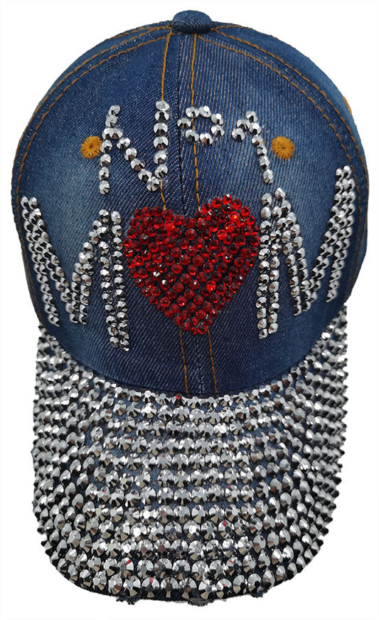 Denim Rhinestone Baseball Cap: CA034 "No.1 Mom" Silver & Red Stones