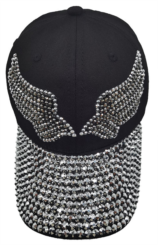 Denim Rhinestone Baseball Cap: CA035 "Angel Wings" Silver & Black Stones in Black Denim