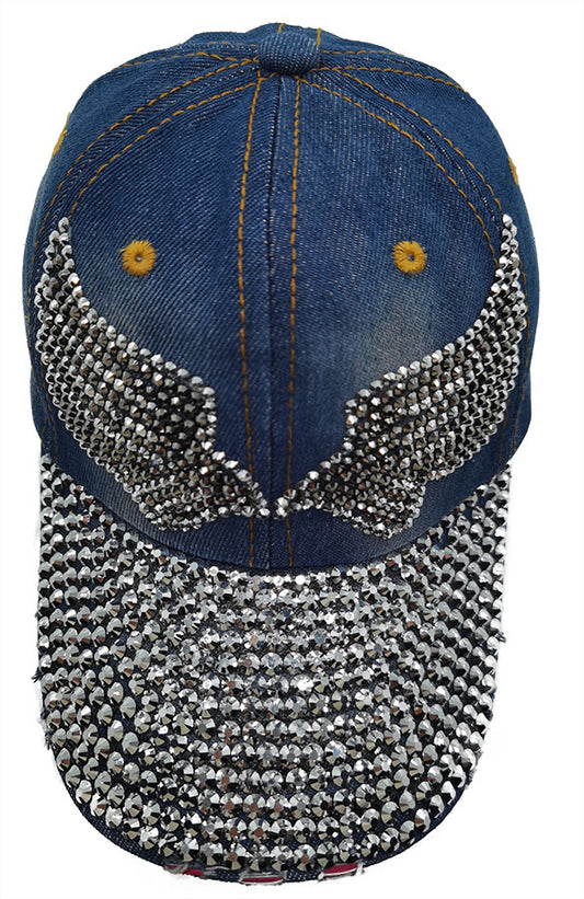 Denim Rhinestone Baseball Cap: CA035 "Angel Wings" Silver & Black Stones i