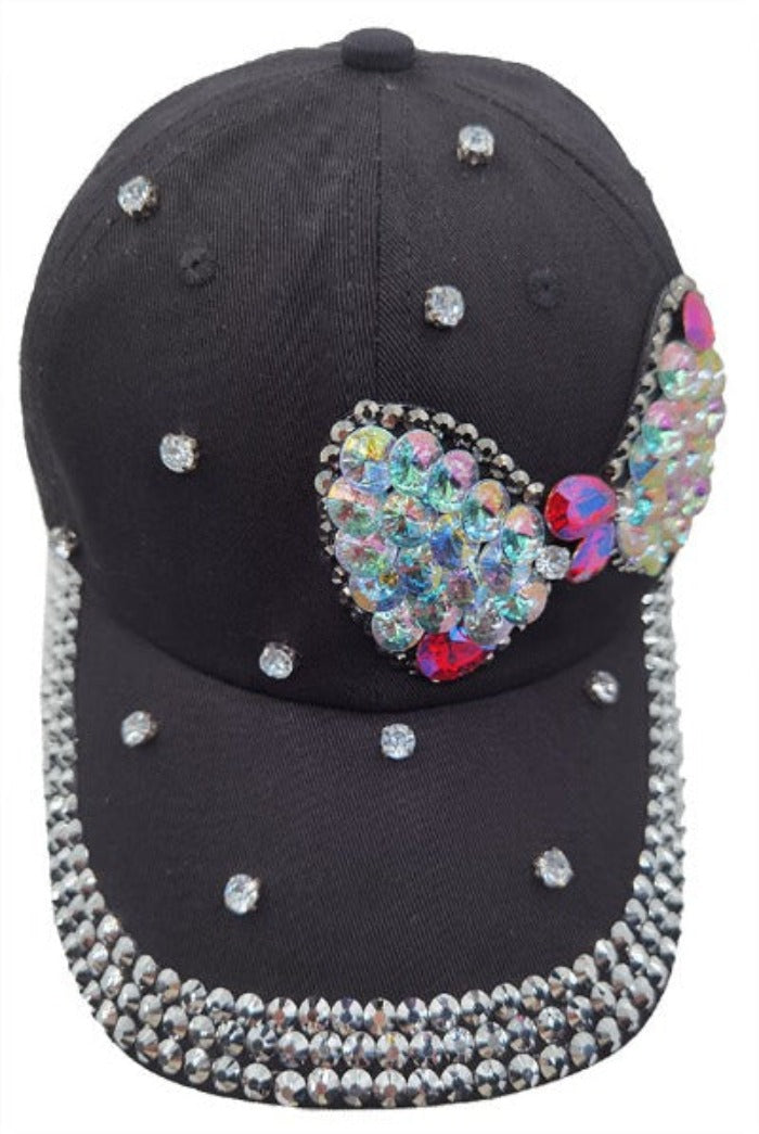 Denim Baseball Cap: CA036 Black Baseball Cap w/ Black Rhinestone Bow