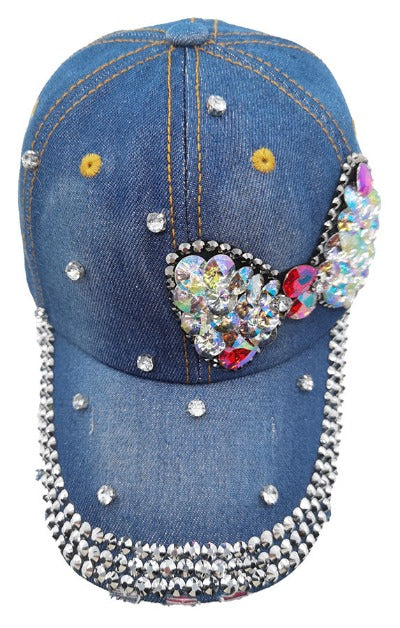 Denim Baseball Cap: CA036 Denim Baseball Cap w/ Rhinestone Bow