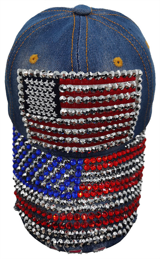 Denim Baseball Cap: CA039 "American Flag" Rhinestone Studded Hat