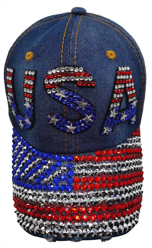 Denim Baseball Cap: CA040 "USA" Rhinestone Studded Hat