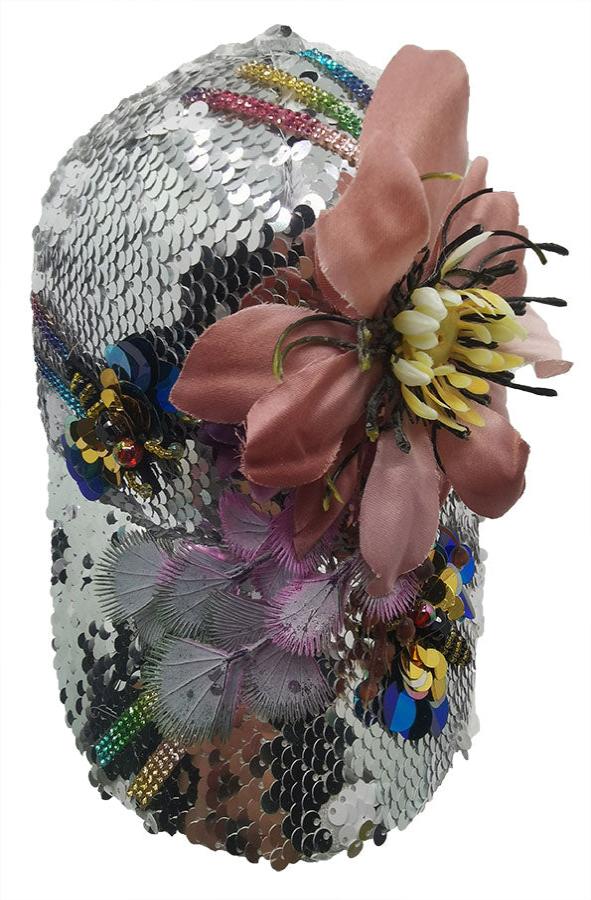 Baseball Cap: CA043 "Flowers" Multi-color Flowers & Design on Silver Sequin