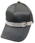 Baseball Cap: CA045 Satin Black Rhinestones Belt Detail Baseball Cap