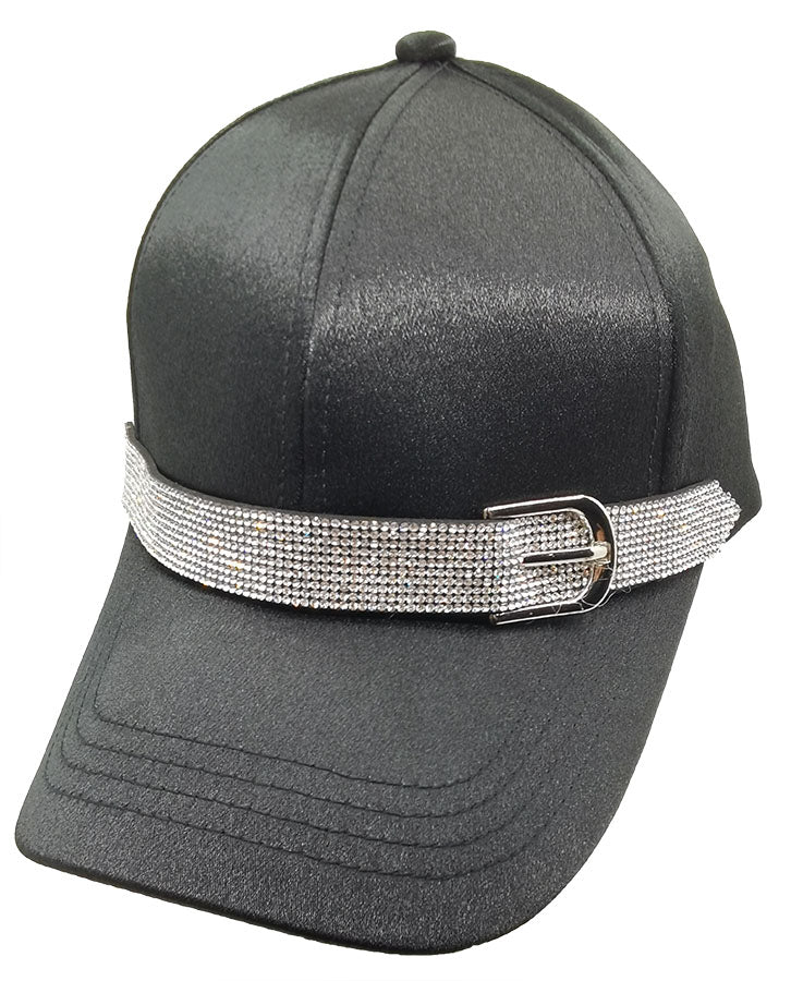 Baseball Cap: CA045 Satin Black Rhinestones Belt Detail Baseball Cap