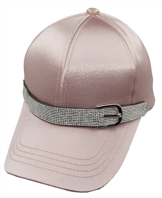 Baseball Cap: CA045 Satin Light Pink Rhinestones Belt Detail Baseball Cap