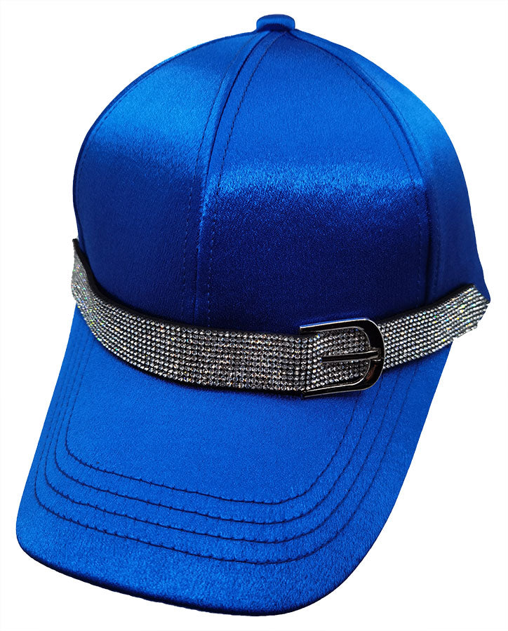 Baseball Cap: CA045 Satin Blue Rhinestones Belt Detail Baseball Cap