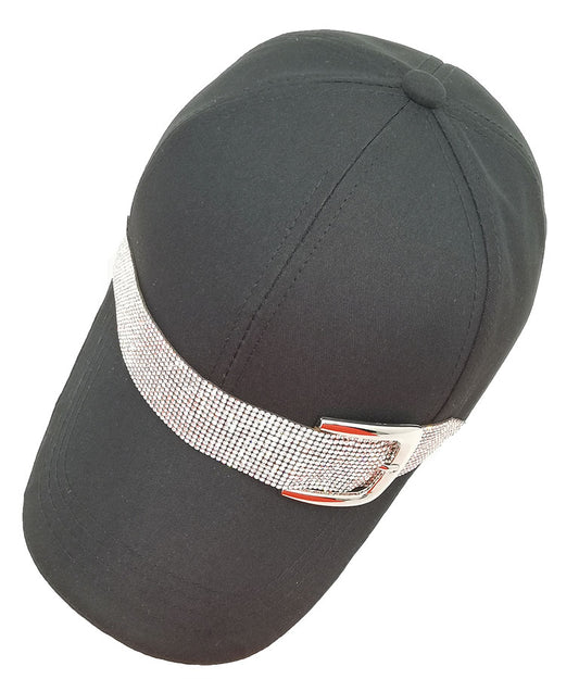 Baseball Cap: CA047 Black Denim Rhinestones Belt Detail Baseball Cap