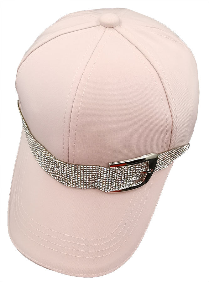 Baseball Cap: CA047 Light Pink Denim Rhinestones Belt Detail Baseball Cap