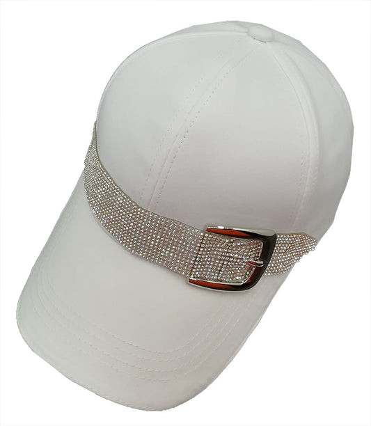 Baseball Cap: CA047 White Denim Rhinestones Belt Detail Baseball Cap