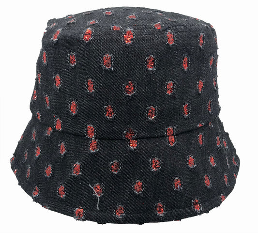 Bucket Hat: H-CA048 Black Denim Bucket Hat with Red Details