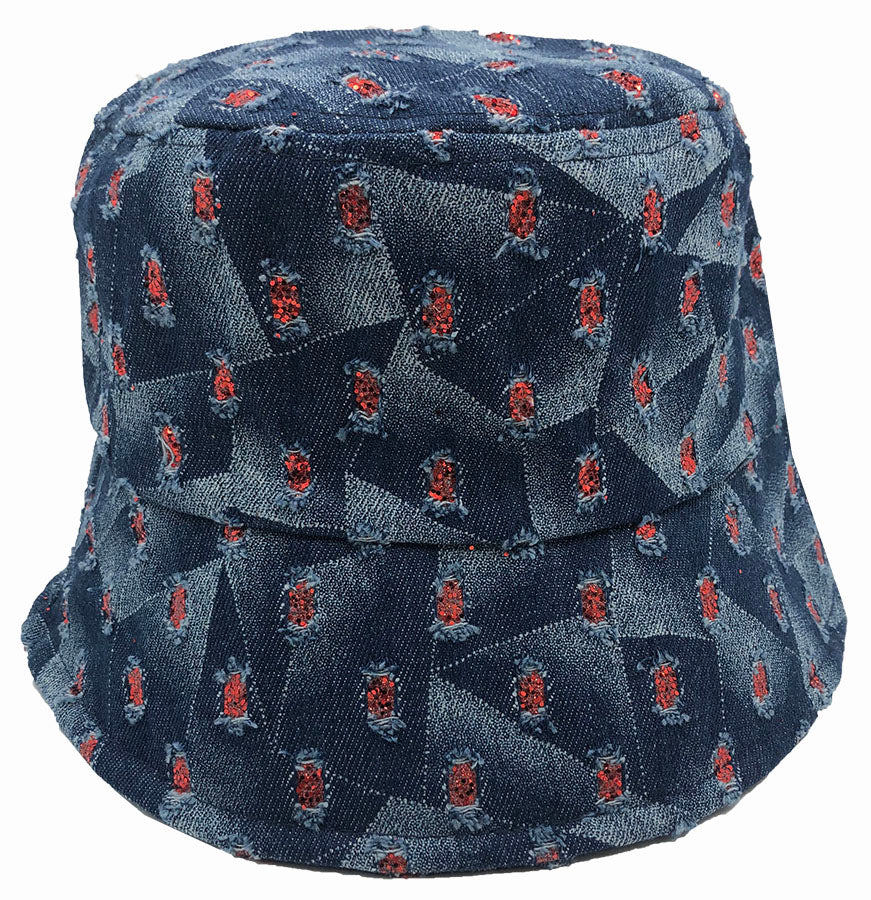 Bucket Hat: H-CA048 Denim Bucket Hat with Red Details