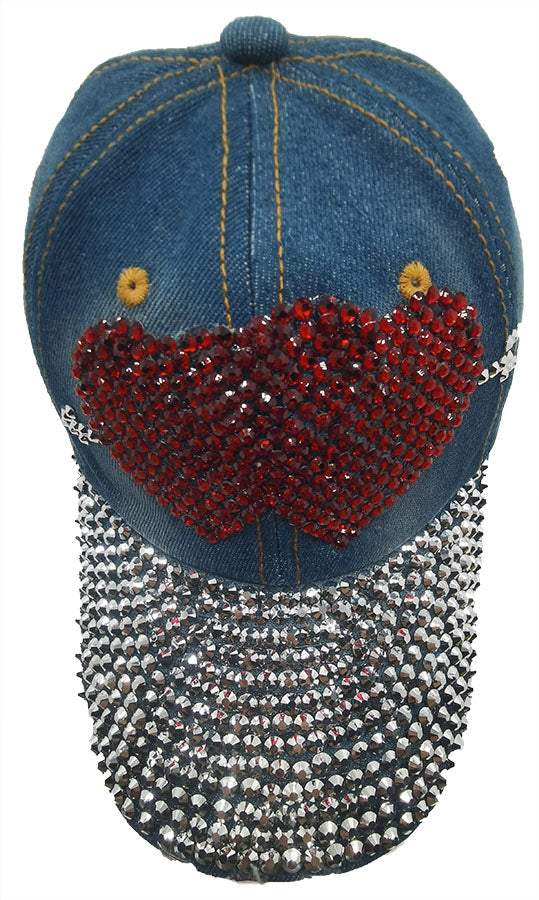 Denim Baseball Cap: CA051 "Two Hearts" Red Rhinestones Baseball Cap