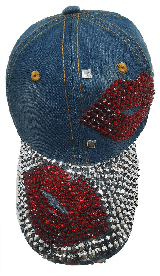 Denim Baseball Cap: CA052 "Two Lips" Red Rhinestones Baseball Cap