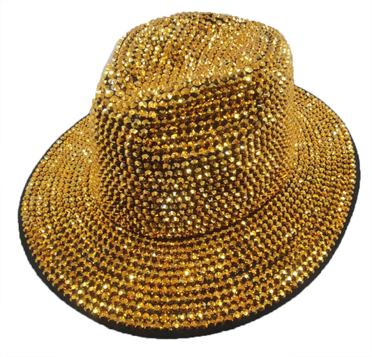 Fedora Hat: CA054 Gold Rhinestone Fedora Hat