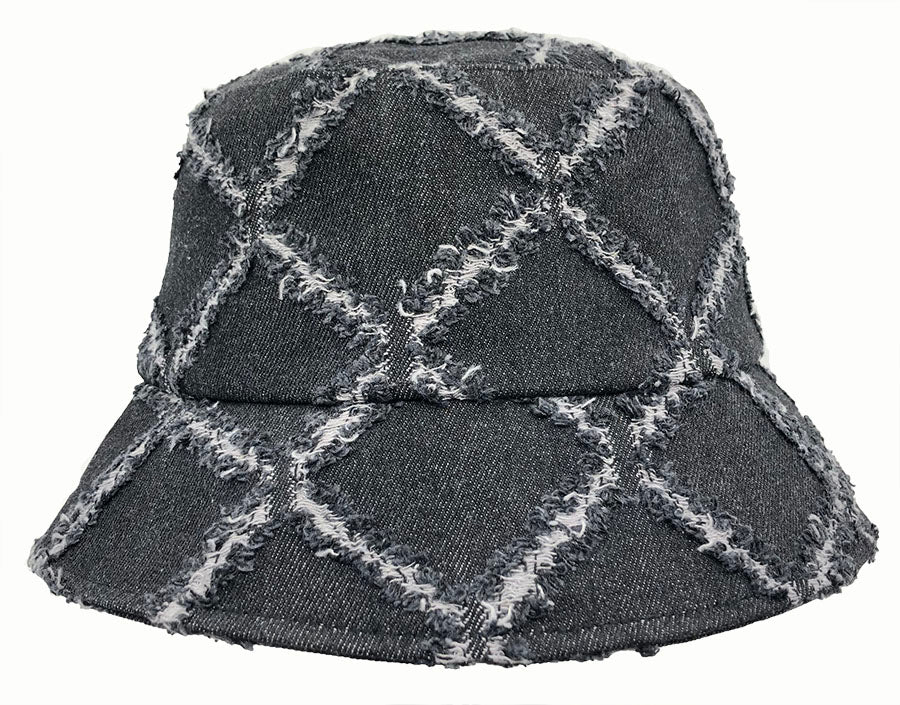 Bucket Hat: H-CA063 Black Denim Fringe Bucket Hat