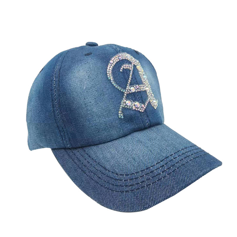 Denim Baseball Cap: Light Denim CA076A AB Silver Rhinestones Initial "A" on Denim Cap