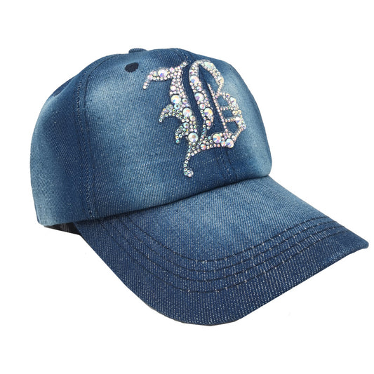 Denim Baseball Cap: Light Denim CA076B AB Silver Rhinestones Initial "B" on Denim Cap