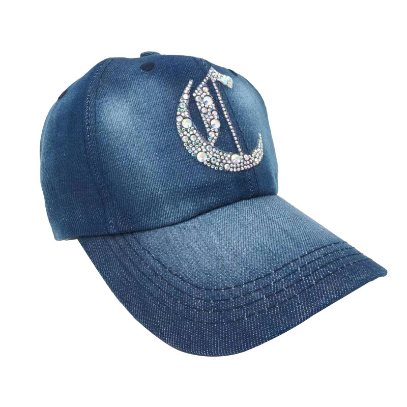 Denim Baseball Cap: Light Denim CA076C AB Silver Rhinestones Initial "C" on Denim Cap