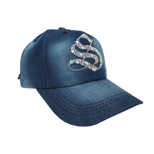 Denim Baseball Cap: Light Denim CA076D AB Silver Rhinestones Initial "S" on Denim Cap